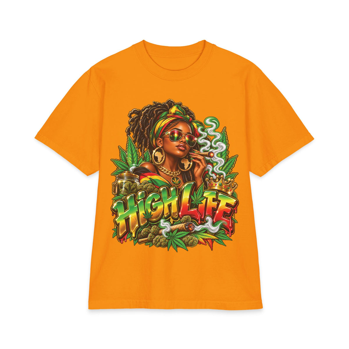 Detrpit 420 High Life Rasta Black Woman T-Shirt | Cannabis Reggae Vibes, Smoking Art