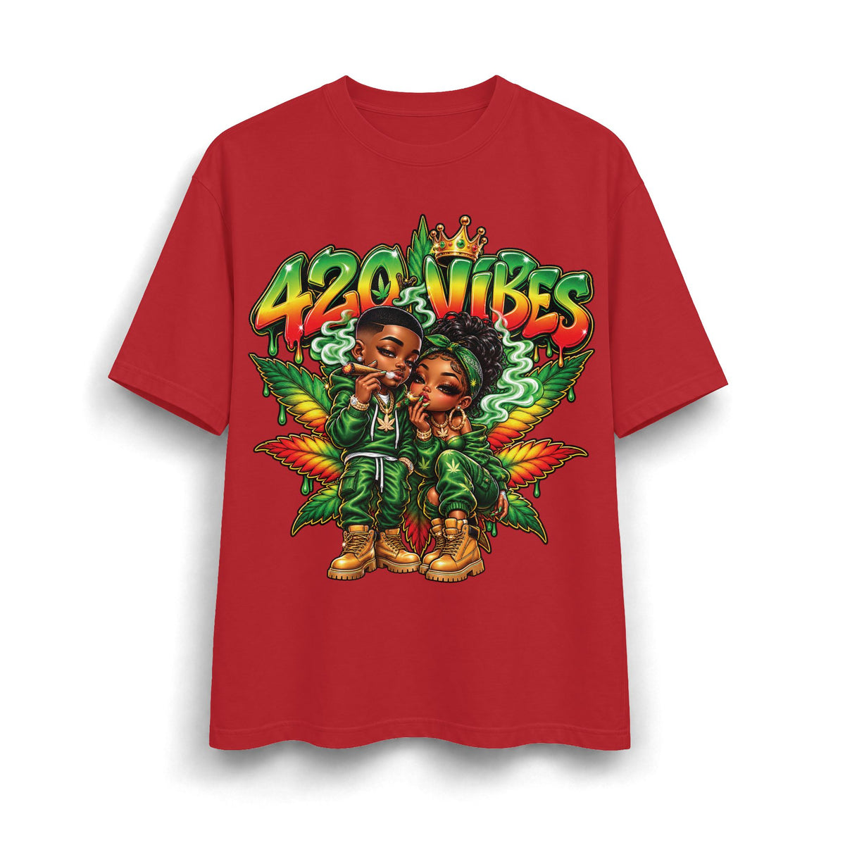 Detroit 420 Vibes Cartoon Couple T-Shirt | Cannabis Leaf Street Art Tee