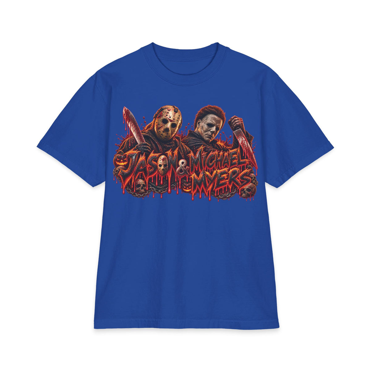 Jason and Micheal Myers Horror Slashers Graphic T-Shirt | Dual Masked Killers, Blood Drip Design