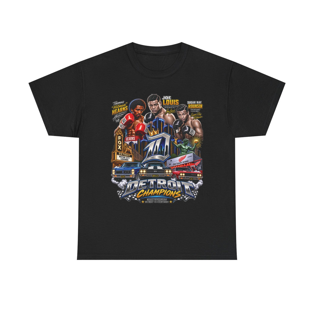 Detroit Champions T-Shirt | Motor City Boxing Legends, Classic Cars, City Skyline