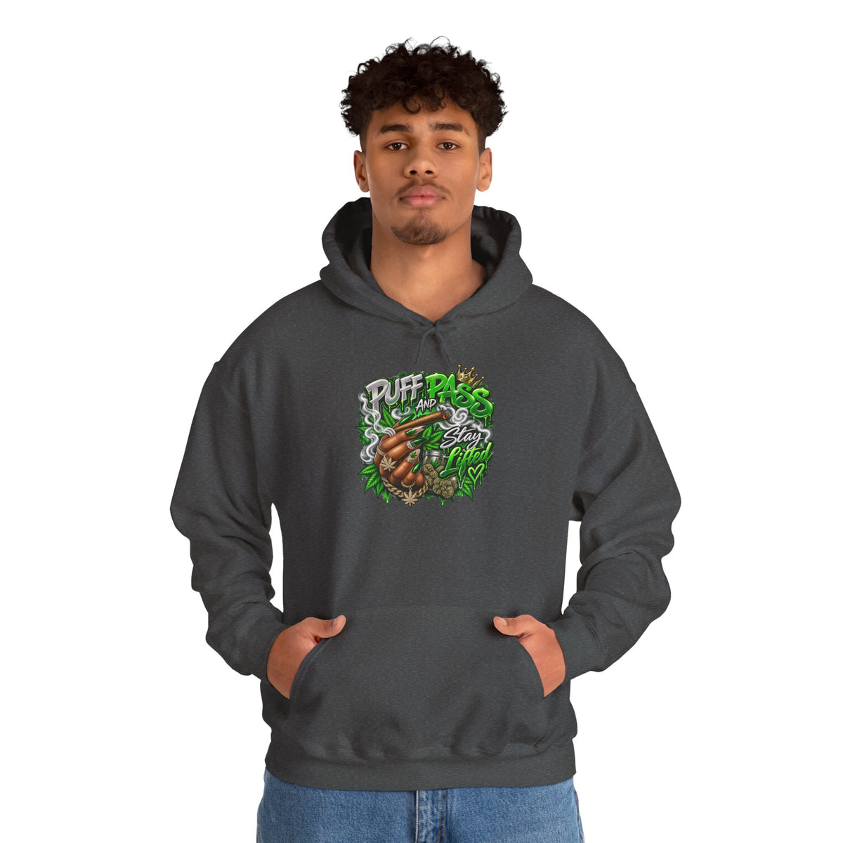 Puff Pass Stay Lifted Hoodie | Cannabis Leaf, Smoky Hand Illustration