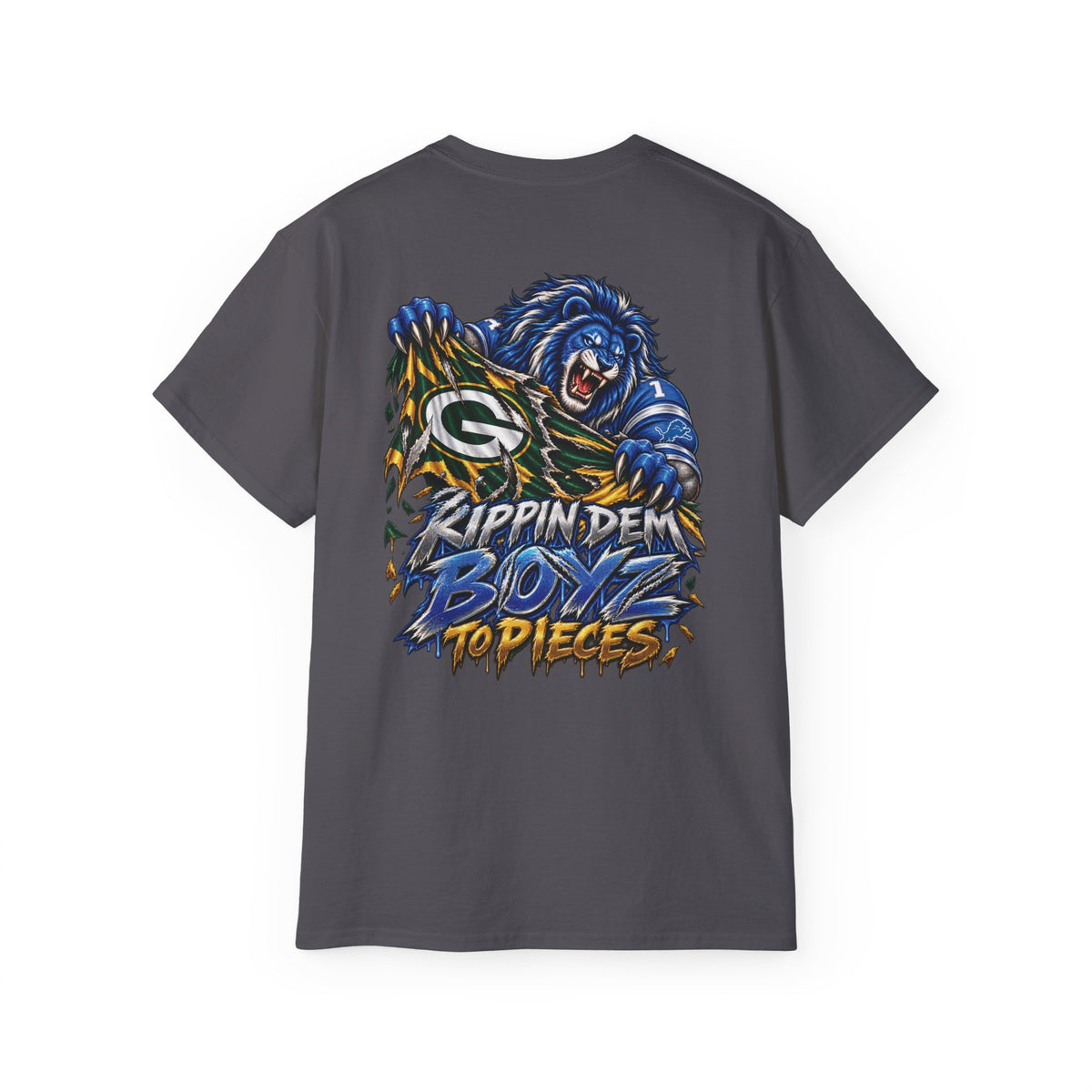 Detroit and Green Bay Rivalry Graphic Tee | Lion Ripping Green Bay Logo Back