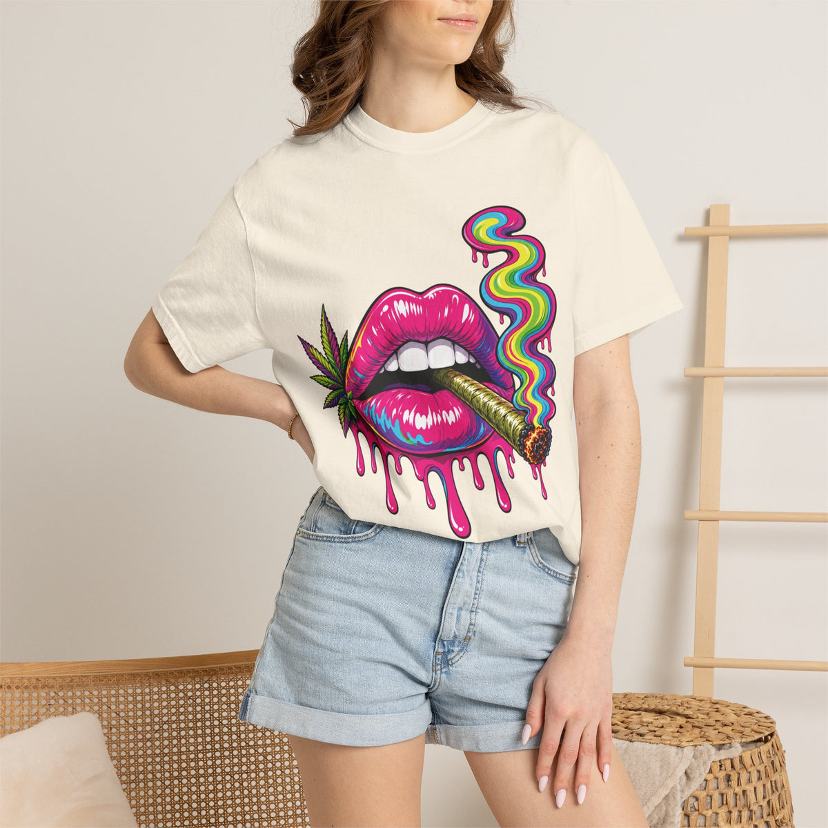 Dripping Rainbow Lips Smoking Joint T-shirt | Cannabis Art
