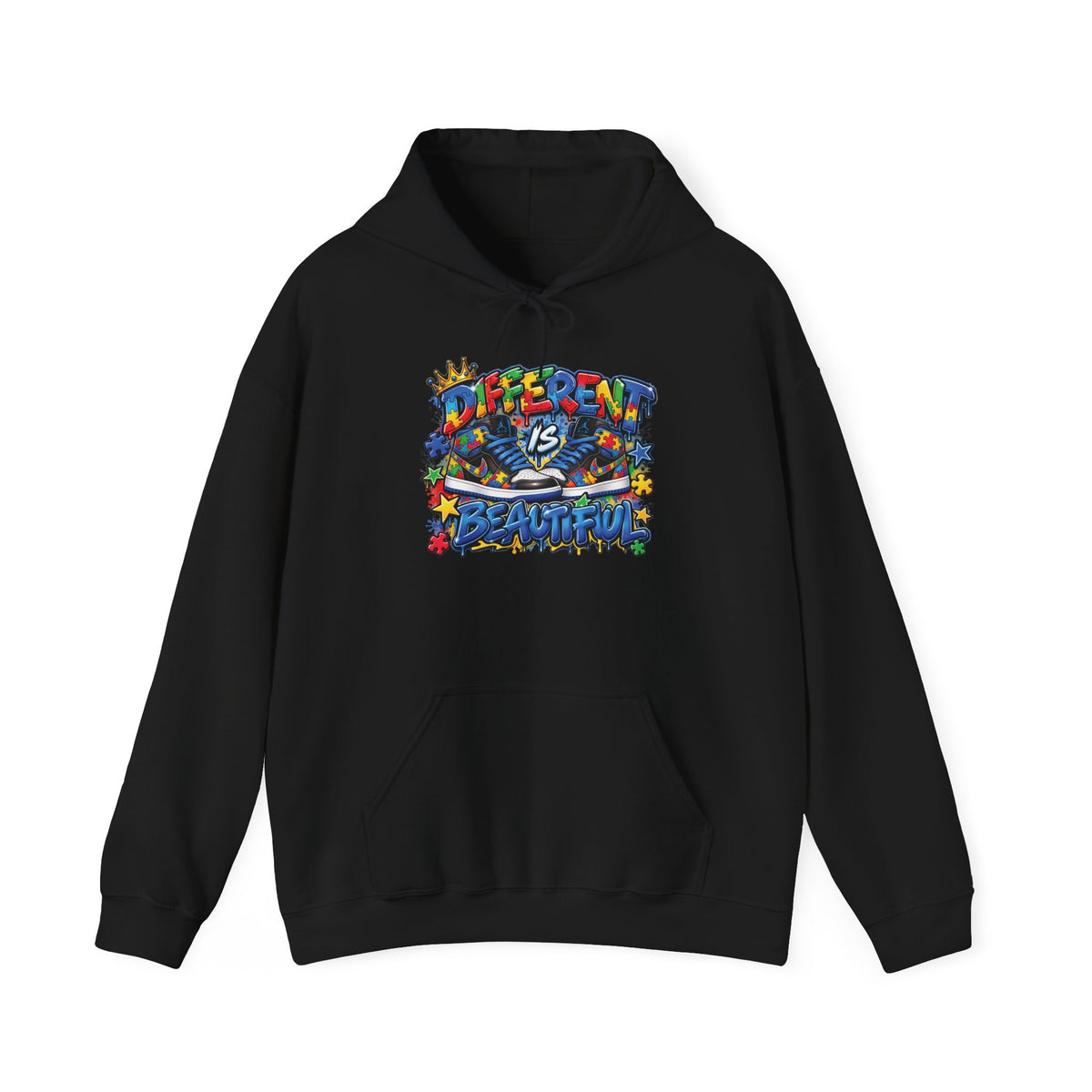 Different Is Beautiful hoodie | colorful graffiti text, stars & flowers