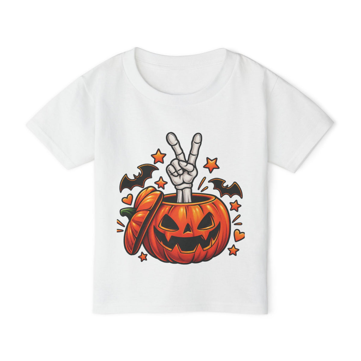 Peace Hand Skeleton in Jack-O'-Lantern Toddler T-shirt | Halloween Pumpkin Bats