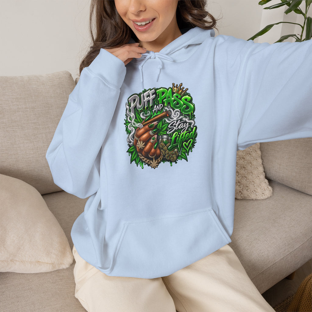Puff Pass Stay Lifted Hoodie | Cannabis Leaf, Smoky Hand Illustration