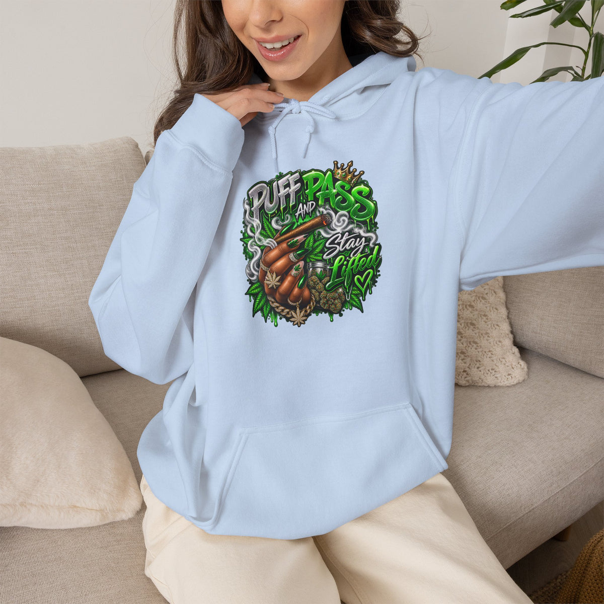 Puff Pass Stay Lifted Hoodie | Cannabis Leaf, Smoky Hand Illustration