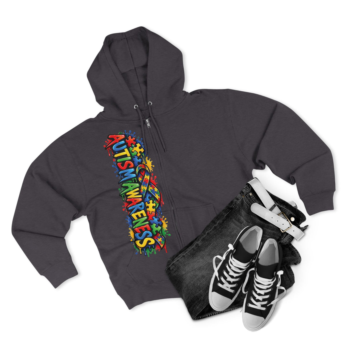 Autism Awareness Puzzle Heart Zip Hoodie | Colorful Awareness Design