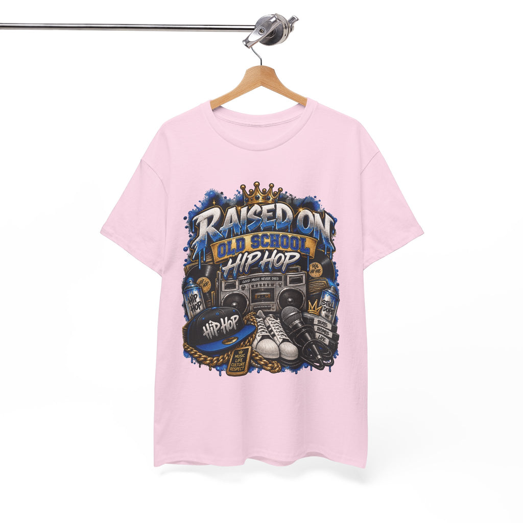 Raised On Old School Hip Hop T-Shirt | Retro Boombox Sneakers Crown Design