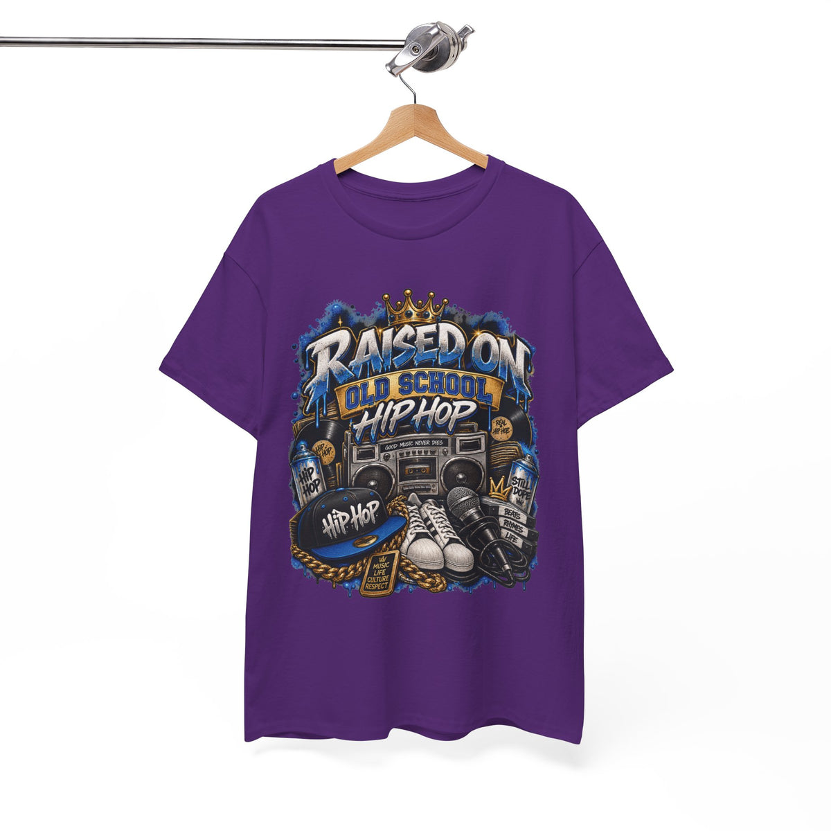Raised On Old School Hip Hop T-Shirt | Retro Boombox Sneakers Crown Design