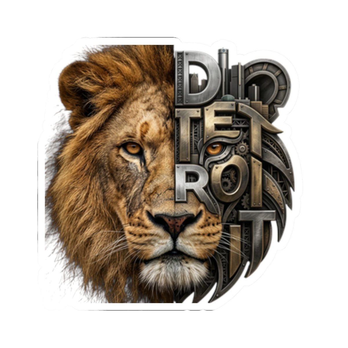 Lion Half-Mechanical Face Kiss-Cut Sticker | Realistic Lion Illustration