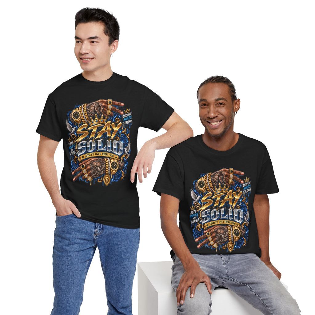 Stay Solid graphic tee | Urban street art typography, gold chain hands