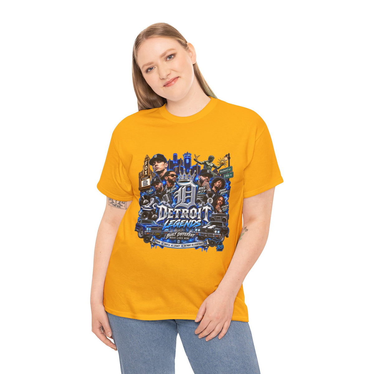 Detroit Legends collage T-Shirt | Motor City skyline, classic cars, musicians