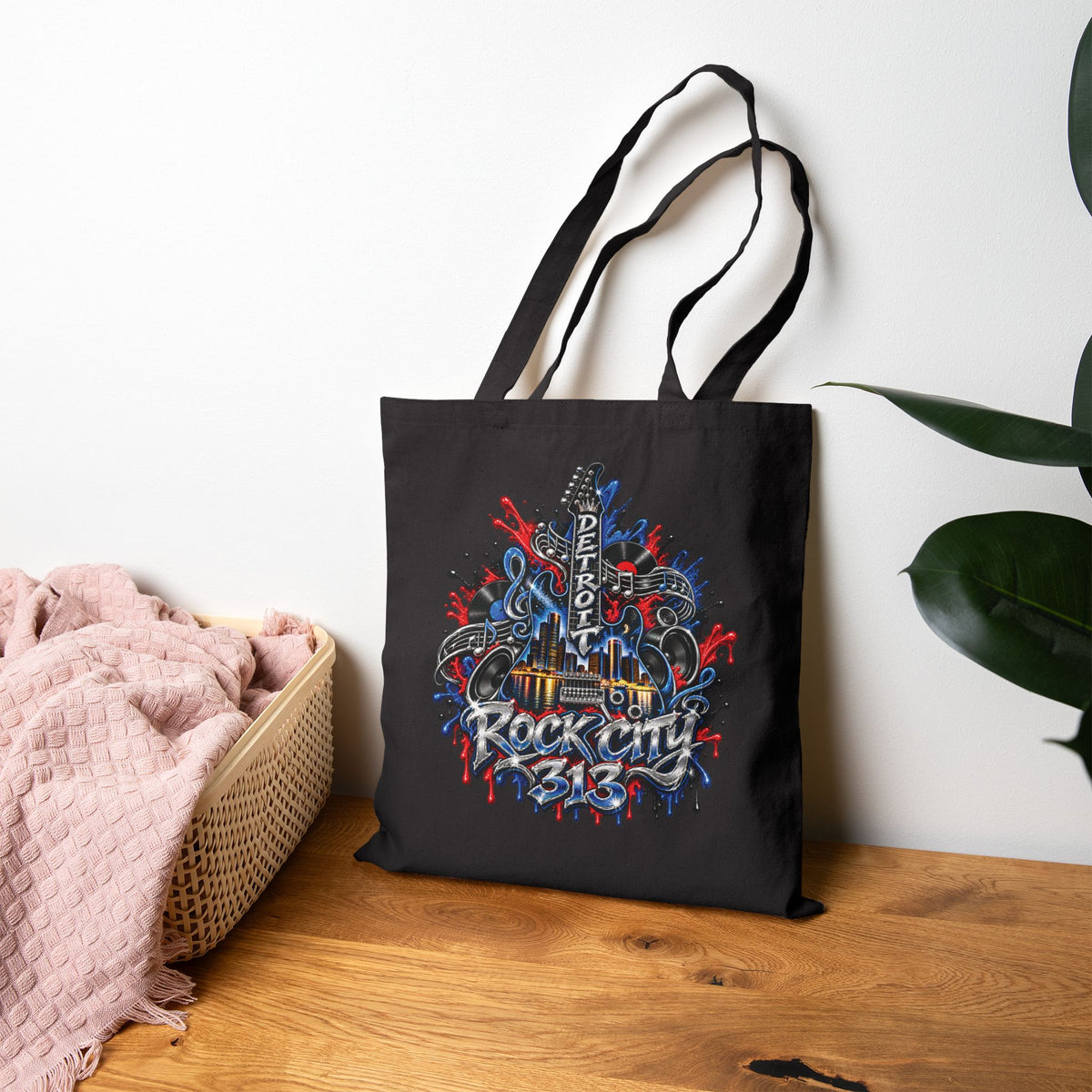Detroit Rock City Tote Bag | Guitar Skyline Grunge Drip Design