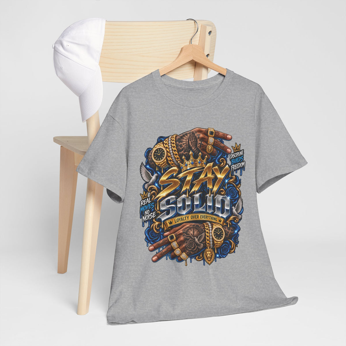 Stay Solid graphic tee | Urban street art typography, gold chain hands