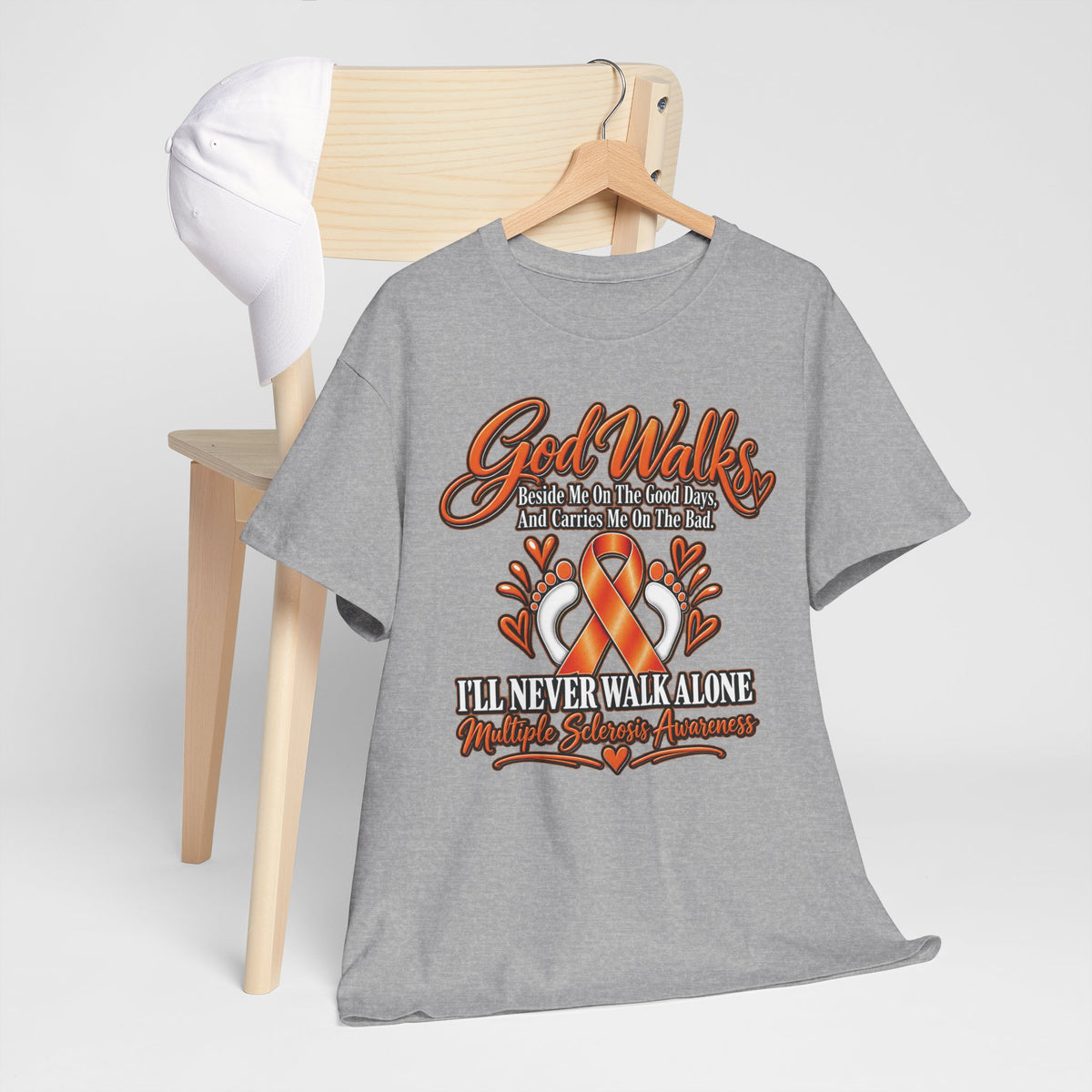 God Walks orange awareness ribbon T-Shirt | I'll Never Walk Alone, Faith Support