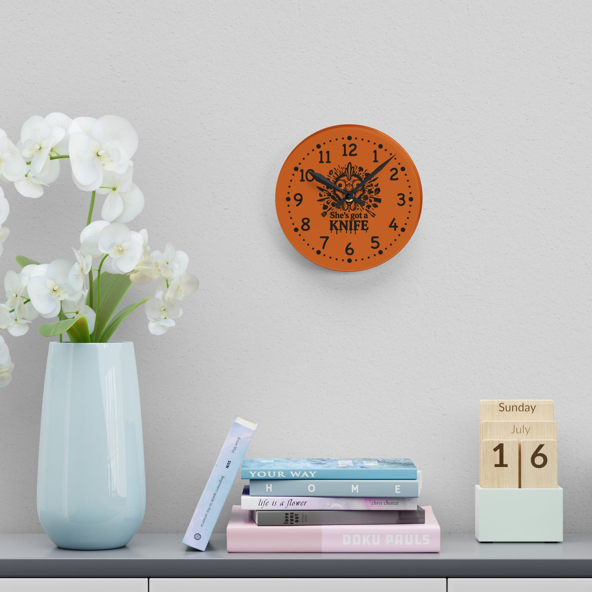 She got a knife acrylic wall clock | Halloween horror decor, orange skull design