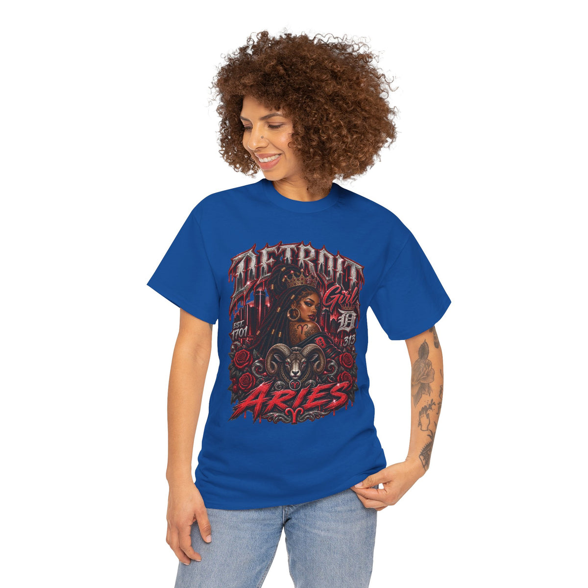 Aries Tattoo Style Graphic Tee | Zodiac Ram Illustration, Red Roses