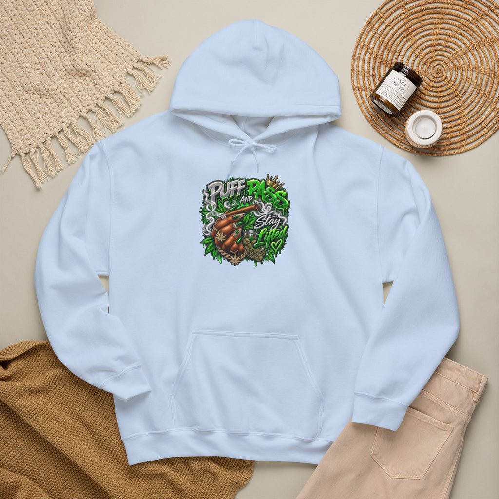 Puff Pass Stay Lifted Hoodie | Cannabis Leaf, Smoky Hand Illustration