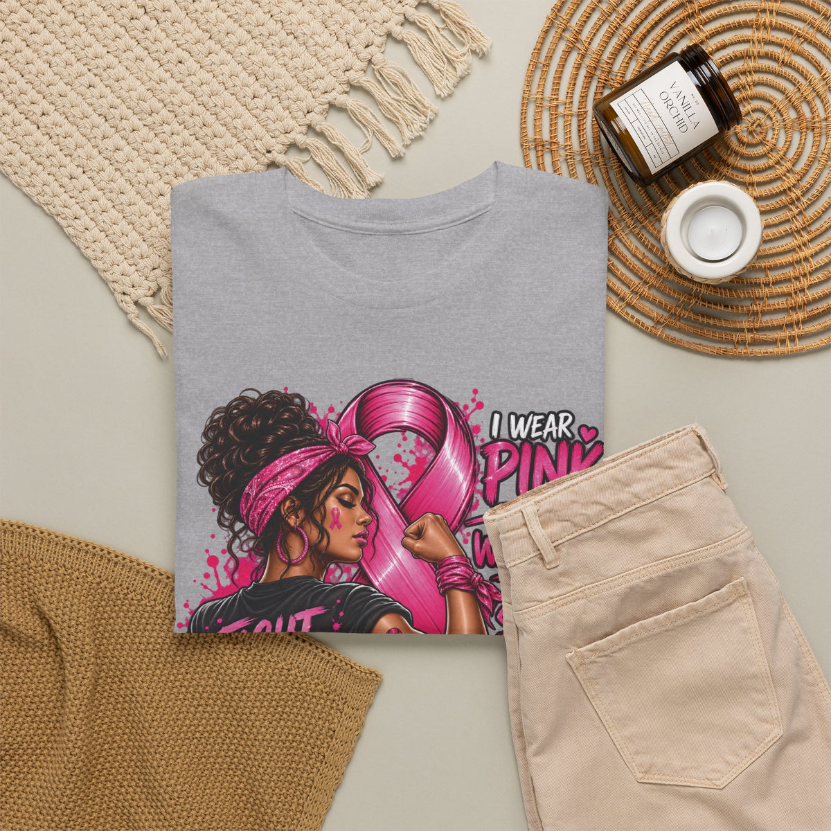 Fight with Faith breast cancer awareness T-Shirt | Rosie the Riveter pink ribbon design