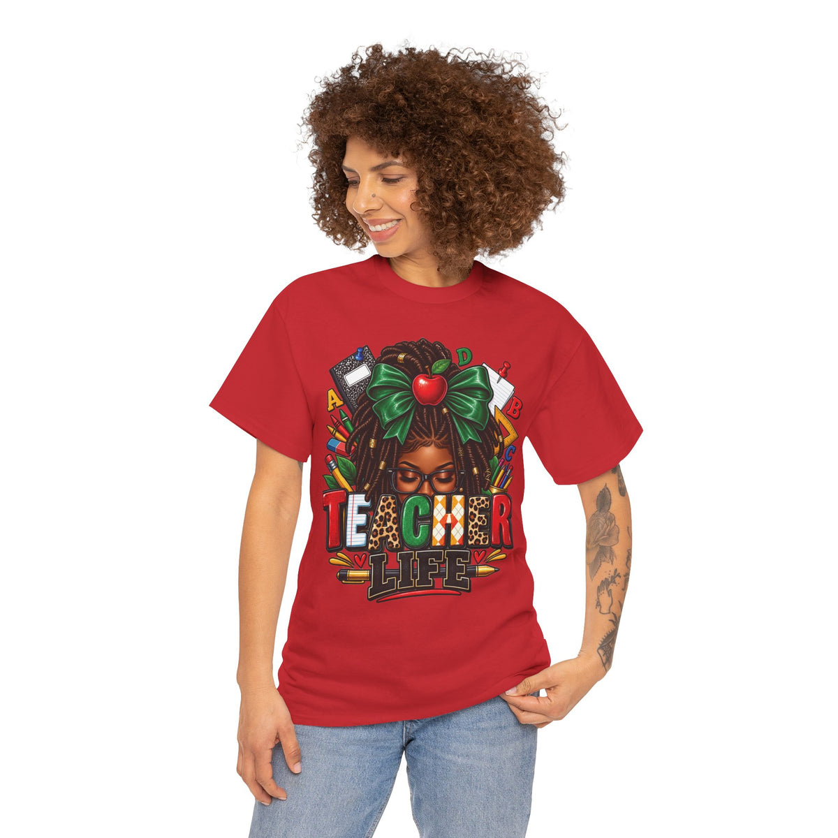 Teacher Life T-Shirt | Black Woman Teacher Illustration, Apple & School Supplies