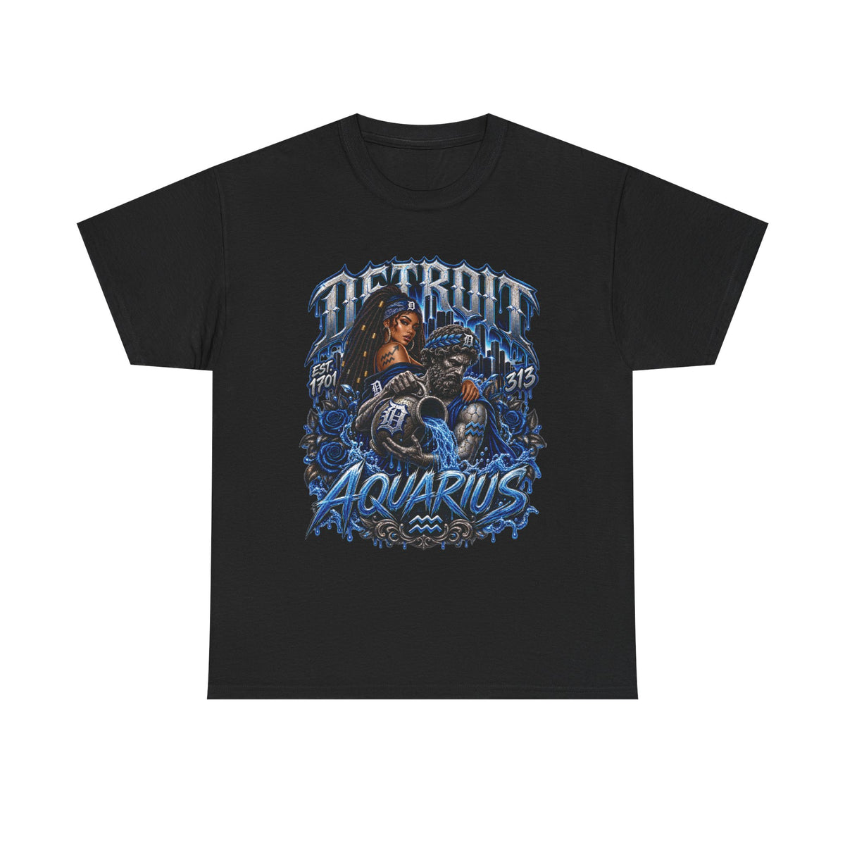 Detroit Aquarius T-Shirt | Detroit skyline, water wave zodiac graphic