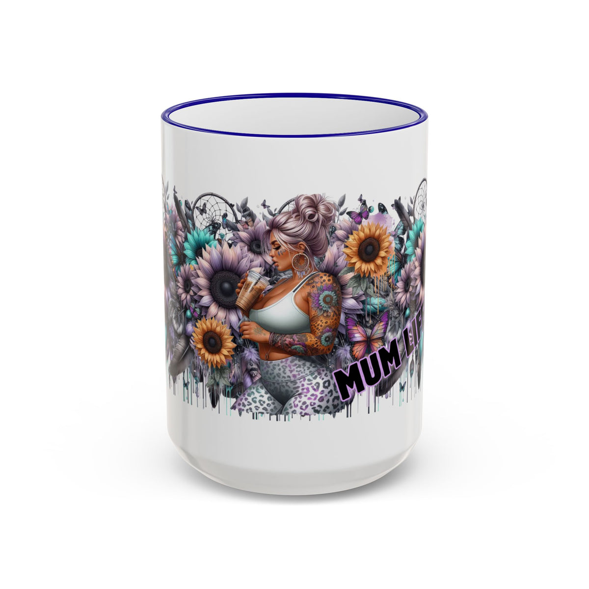 Tattooed Floral Skull Mum Mug | Accent Rim & Handle Ceramic Mug