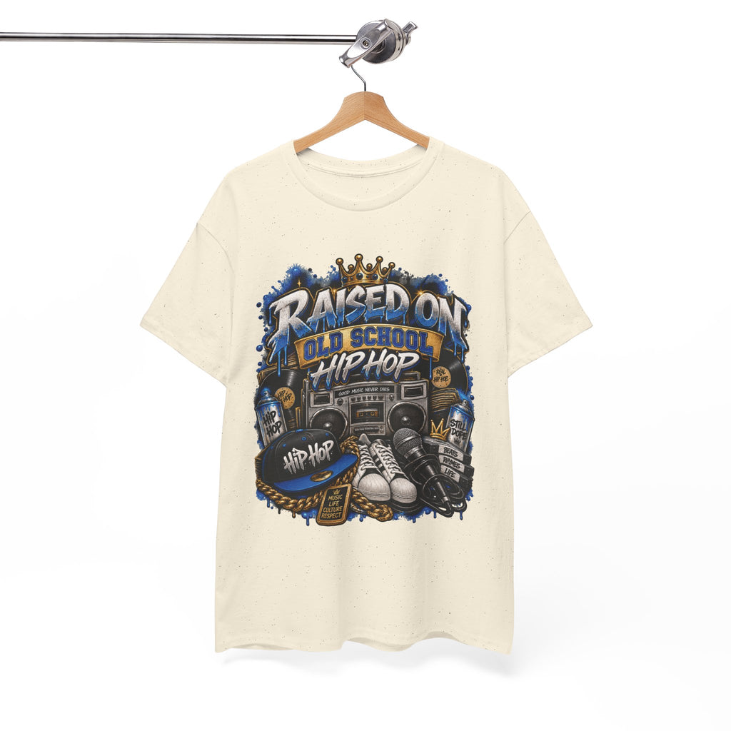 Raised On Old School Hip Hop T-Shirt | Retro Boombox Sneakers Crown Design