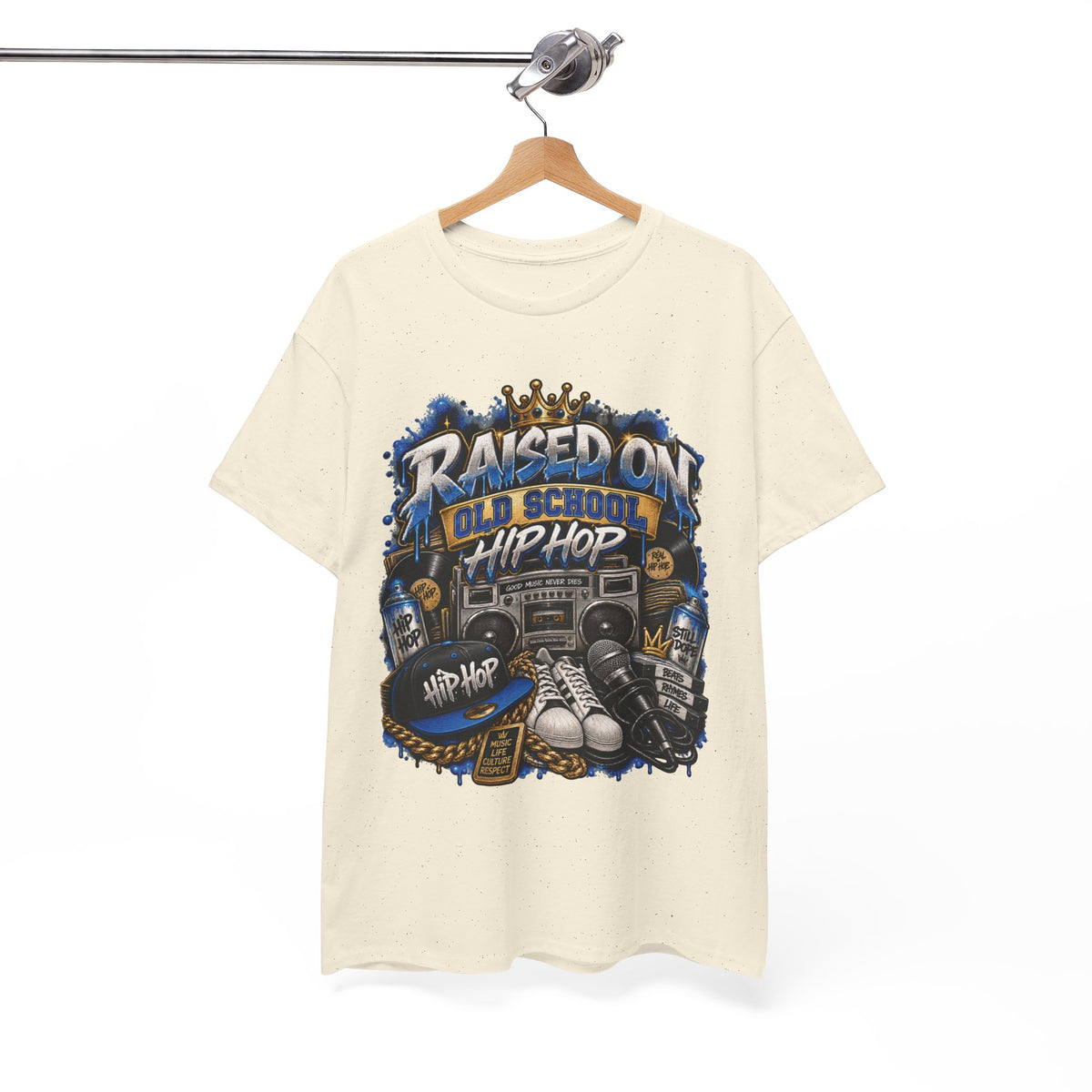 Raised On Old School Hip Hop T-Shirt | Retro Boombox Sneakers Crown Design
