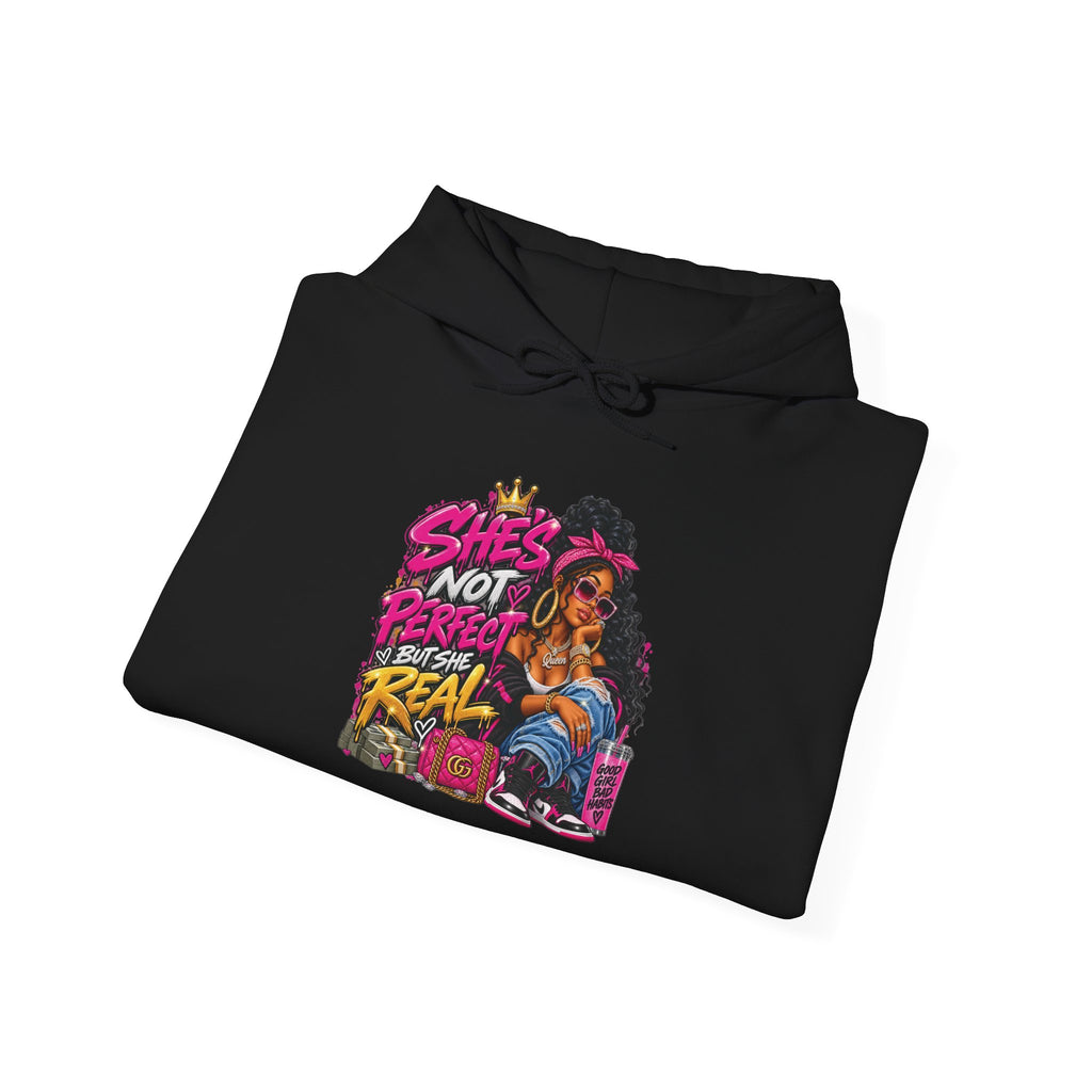 Shes Not Perfect Real AF hoodie | Retro Neon Girl Graphic Hoodie