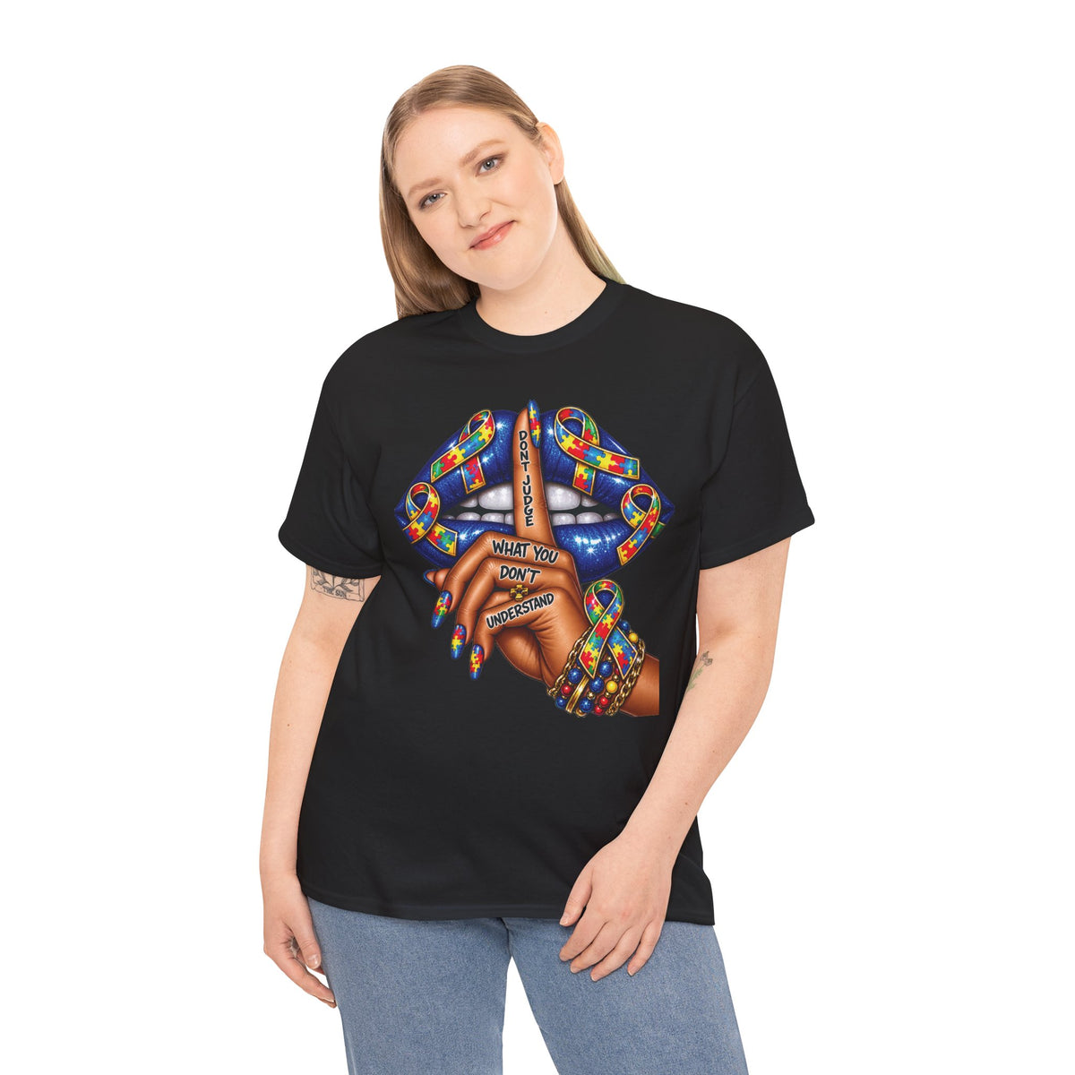 Shh Finger Lips Illustration T-Shirt | Colorful Beaded Bracelet Art