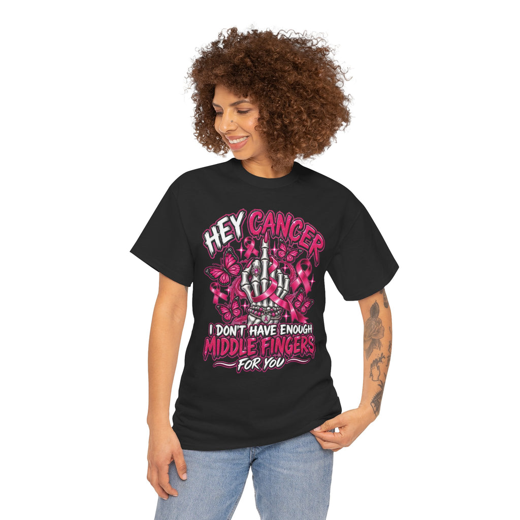 Hey Cancer middle finger ribbon T-Shirt | Breast Cancer Awareness