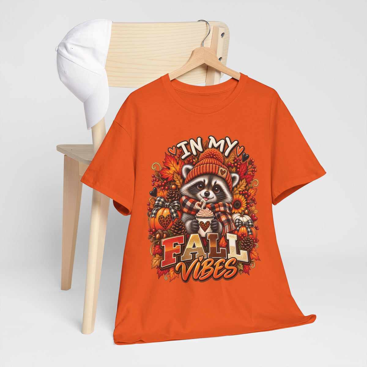 Cozy Raccoon Fall Vibes T-Shirt | Autumn Pumpkin Leaves Tee
