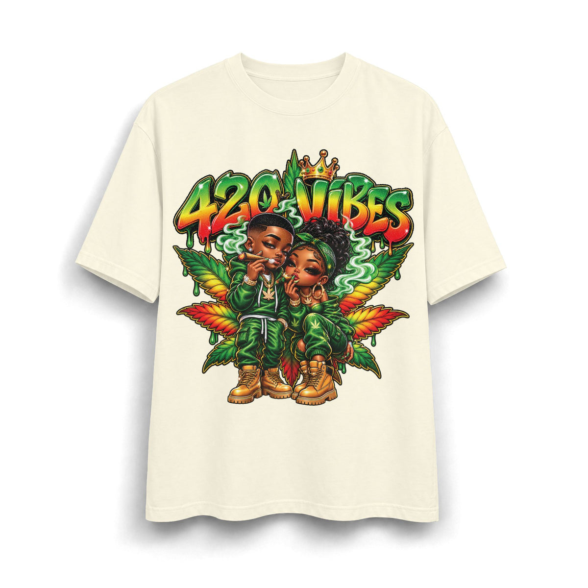 Detroit 420 Vibes Cartoon Couple T-Shirt | Cannabis Leaf Street Art Tee