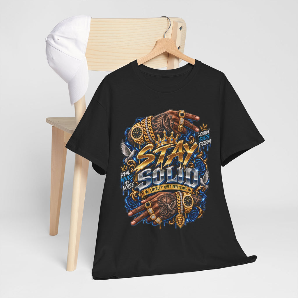 Stay Solid graphic tee | Urban street art typography, gold chain hands