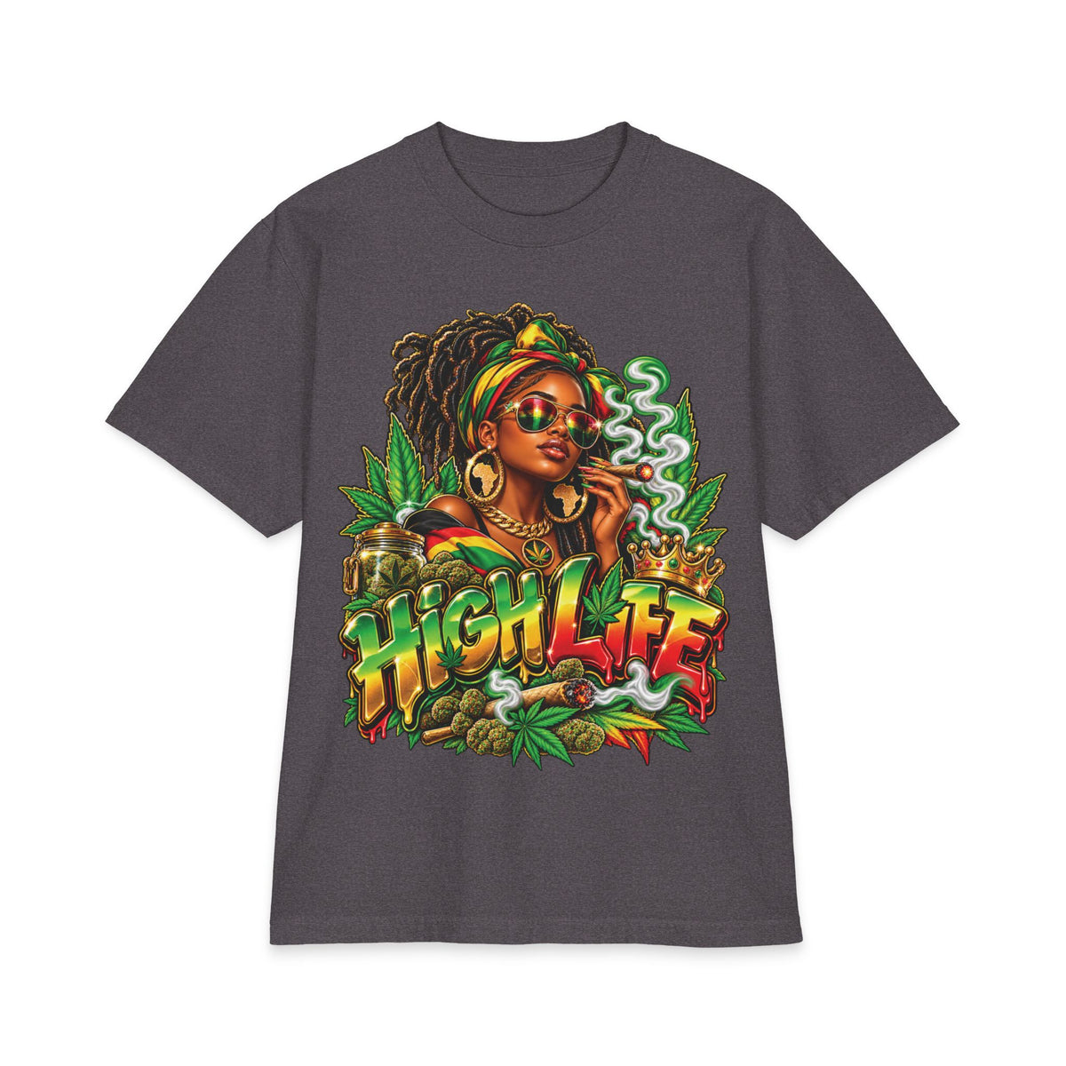 Detrpit 420 High Life Rasta Black Woman T-Shirt | Cannabis Reggae Vibes, Smoking Art