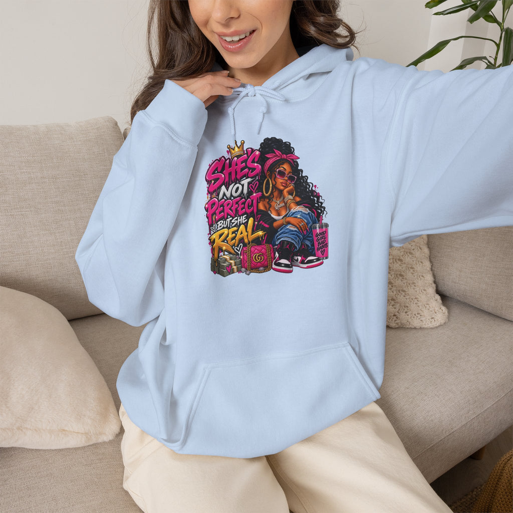 Shes Not Perfect Real AF hoodie | Retro Neon Girl Graphic Hoodie