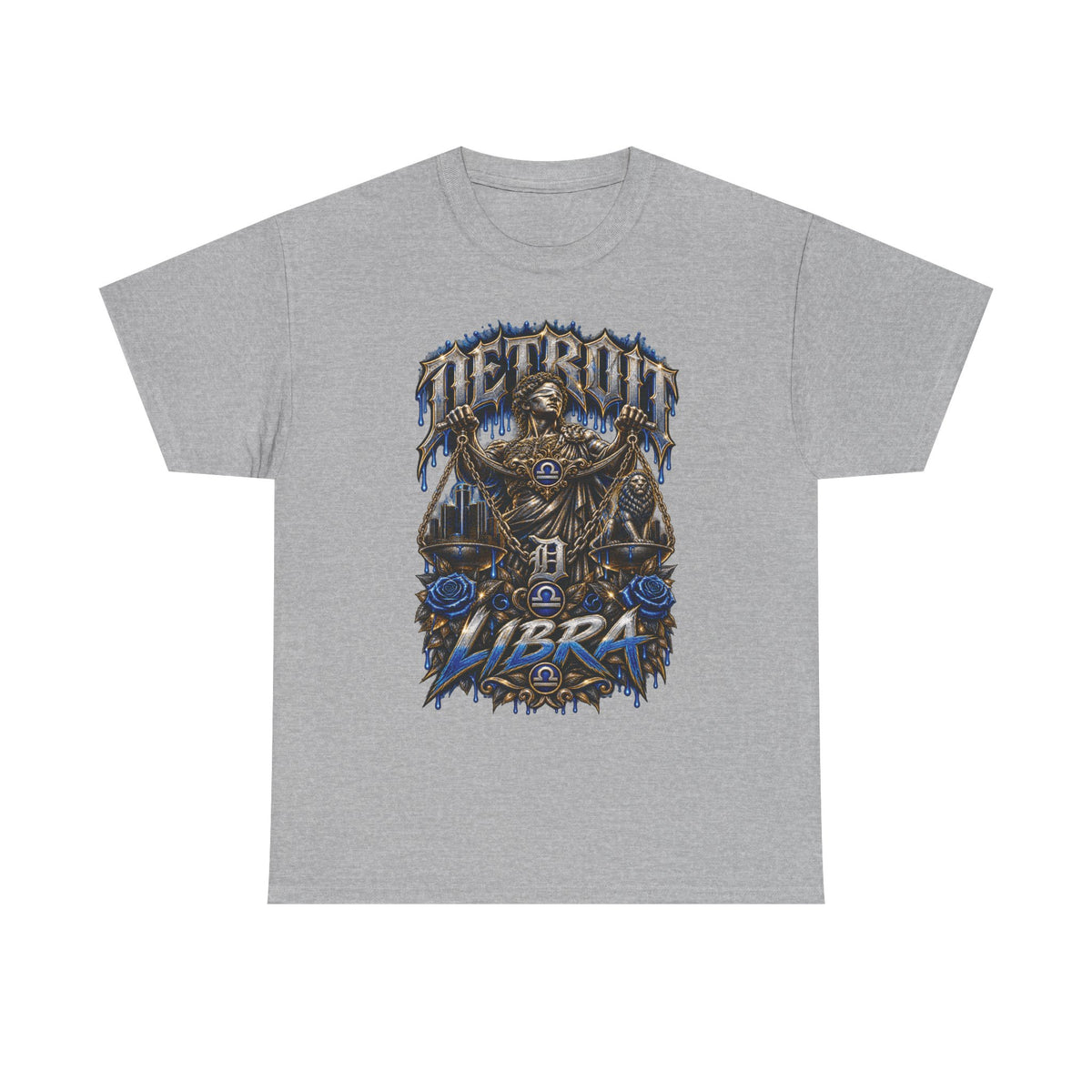 Detroit Libra T-Shirt | Skull Scales, Blue Roses, Zodiac Design