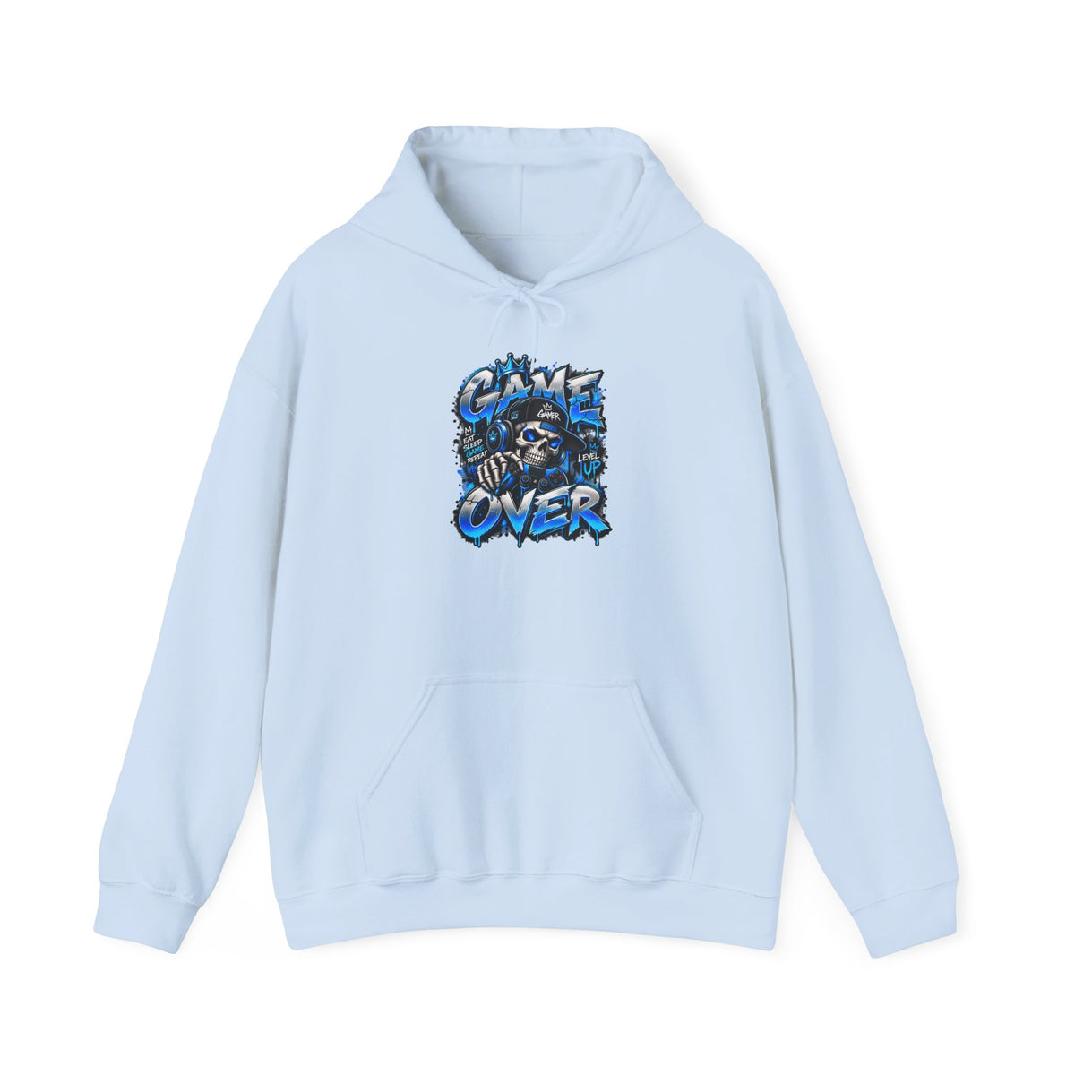 Game Over Skull hoodie | Gaming Graphic Sweatshirt, Blue Grunge Design
