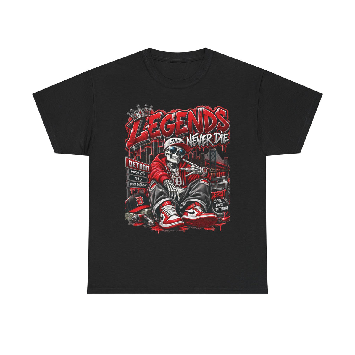 Legends Never Die skull streetwear T-shirt | Detroit city skyline, red black graphic tee