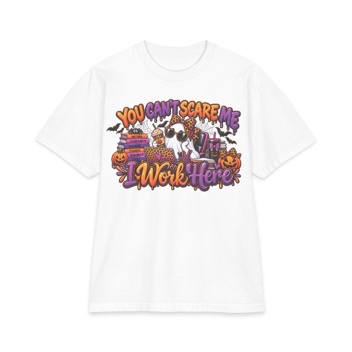 You Cant Scare Me I Work Here T-Shirt | Halloween Cow Pumpkin Graphic