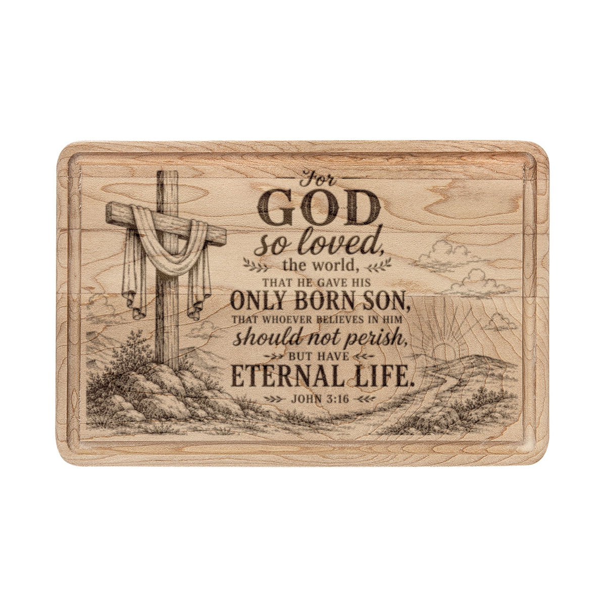 Christian Cross Scripture Engraved Wooden Cutting Board | Religious Kitchen Decor