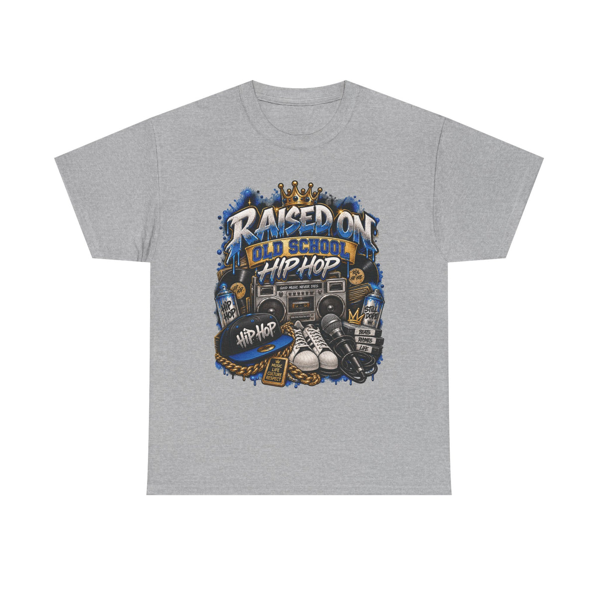 Raised On Old School Hip Hop T-Shirt | Retro Boombox Sneakers Crown Design