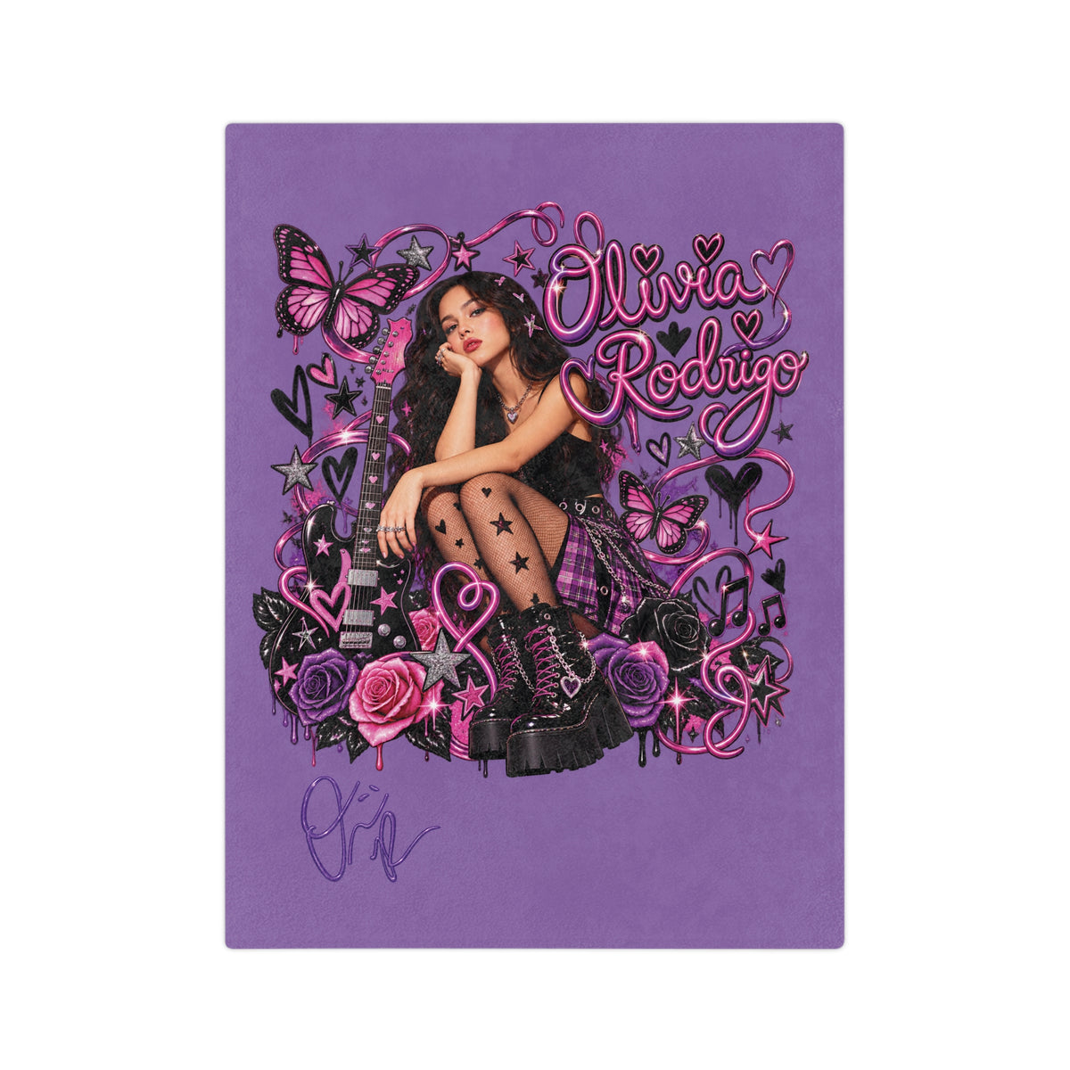Olivia Rodrigo Portrait Velveteen Microfiber Blanket | Purple Butterfly Rose Design