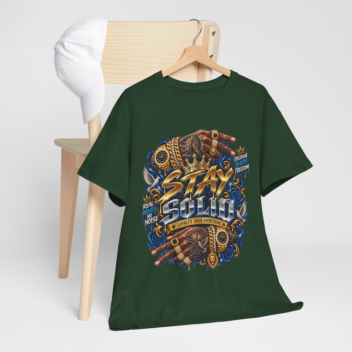Stay Solid graphic tee | Urban street art typography, gold chain hands