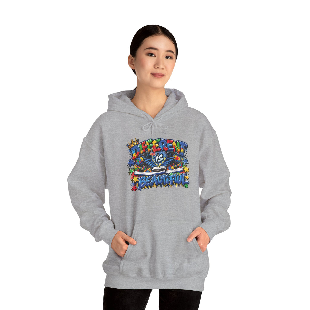 Different Is Beautiful hoodie | colorful graffiti text, stars & flowers