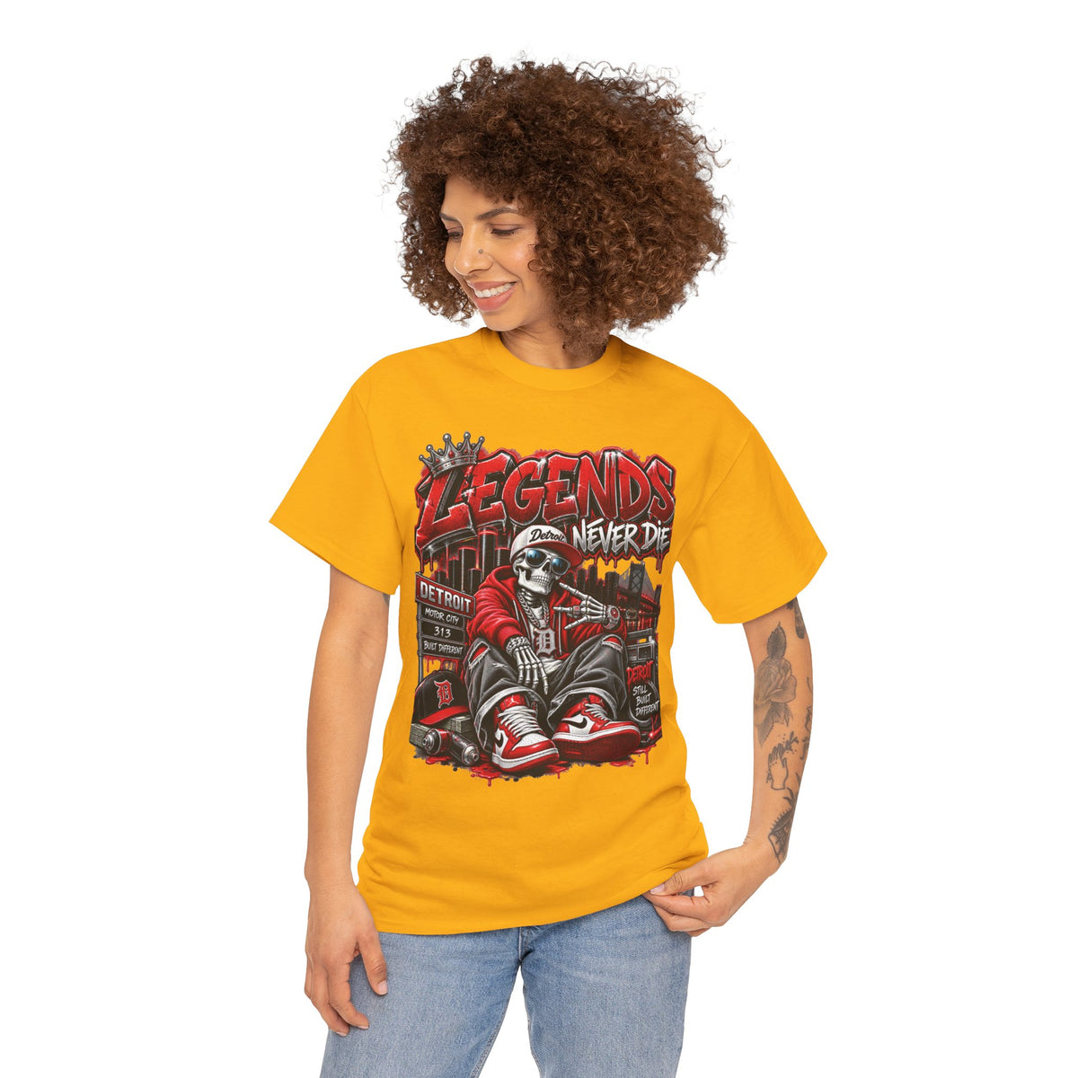 Legends Never Die skull streetwear T-shirt | Detroit city skyline, red black graphic tee