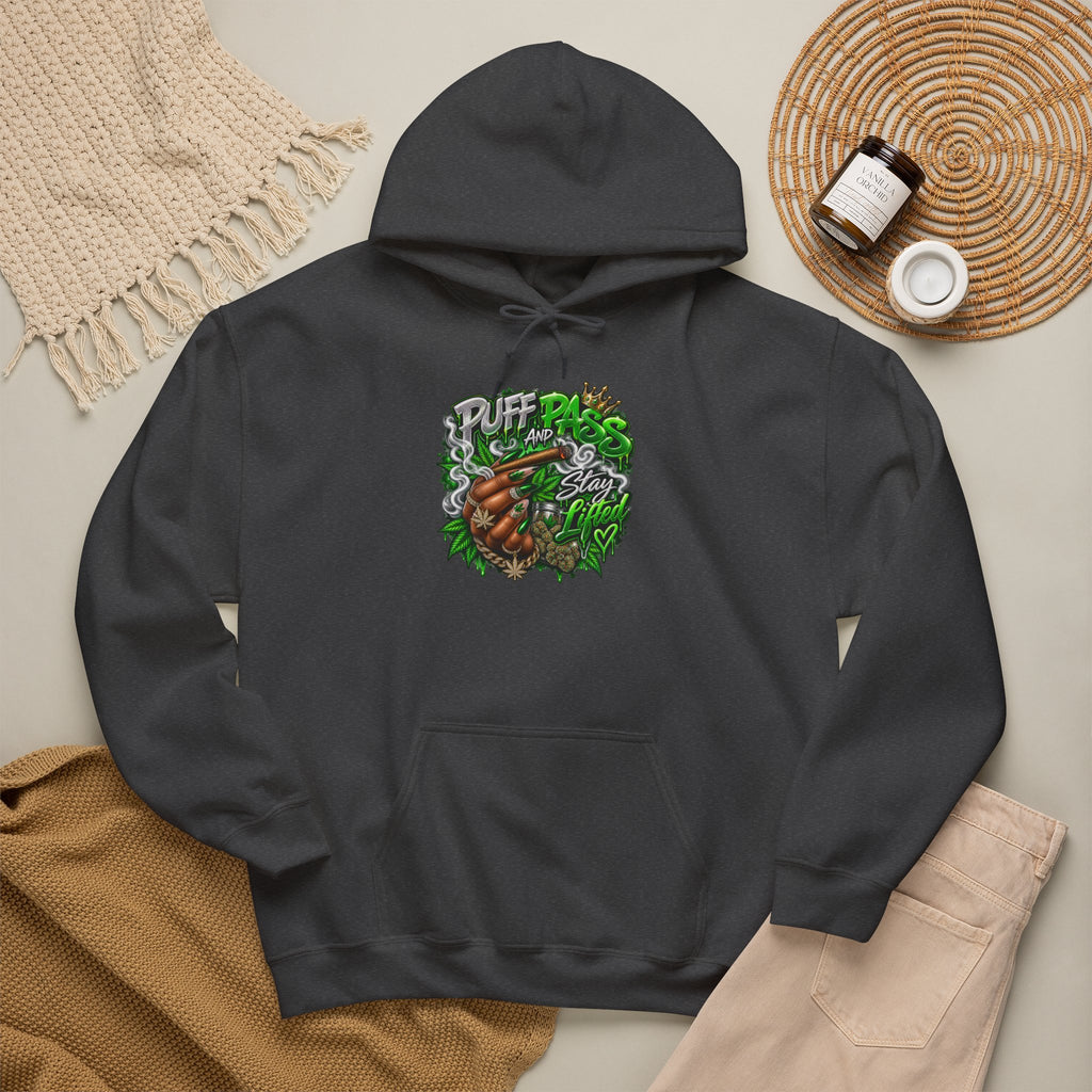 Puff Pass Stay Lifted Hoodie | Cannabis Leaf, Smoky Hand Illustration