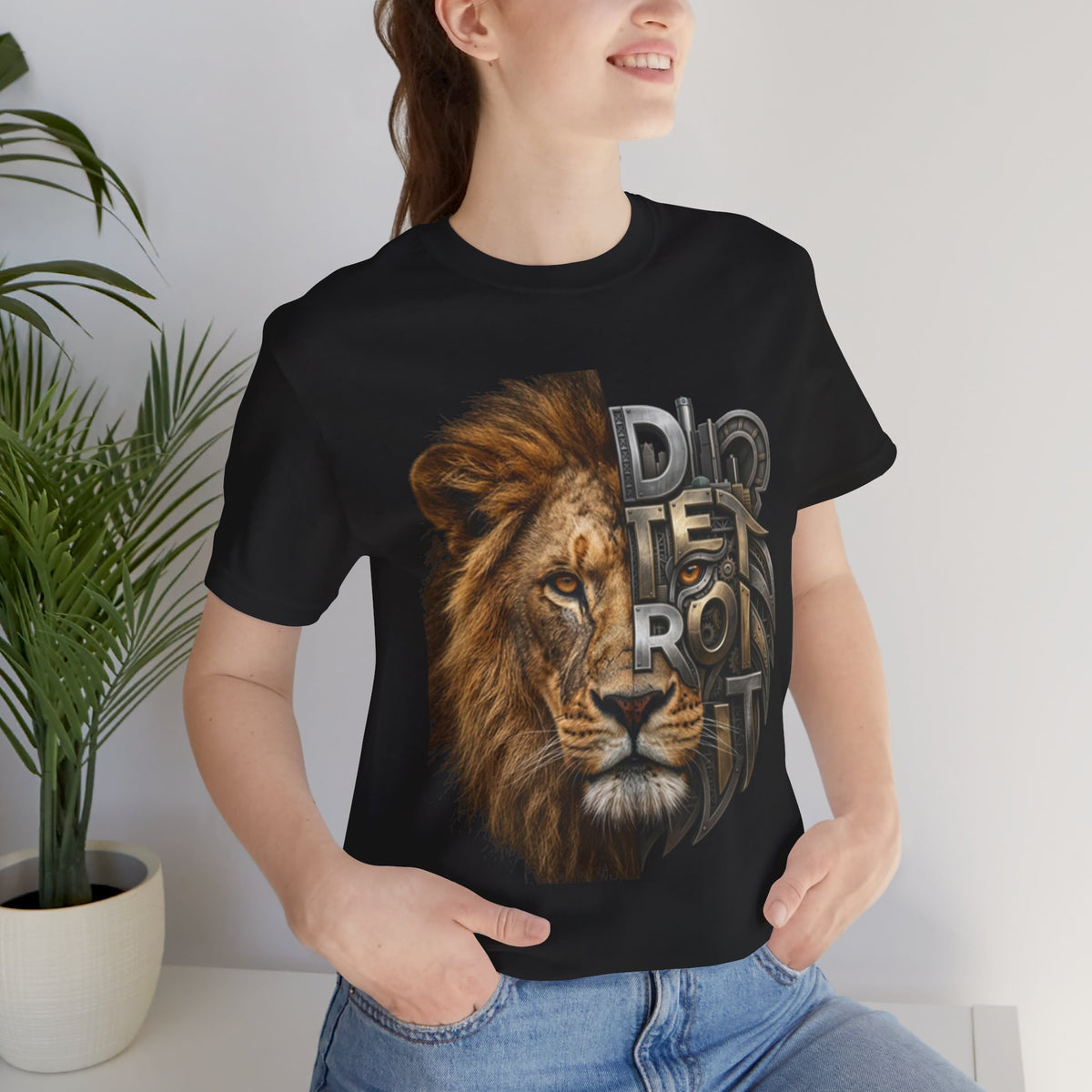 Lion Face Split Design T-Shirt | Lion Typography Tee