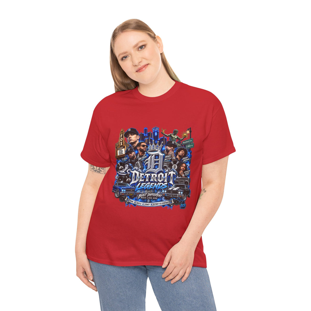 Detroit Legends collage T-Shirt | Motor City skyline, classic cars, musicians